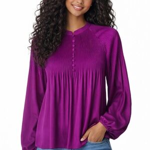 Lauren Ralph Lauren Magenta Purple Pleated Button Front Blouse Women’s Large